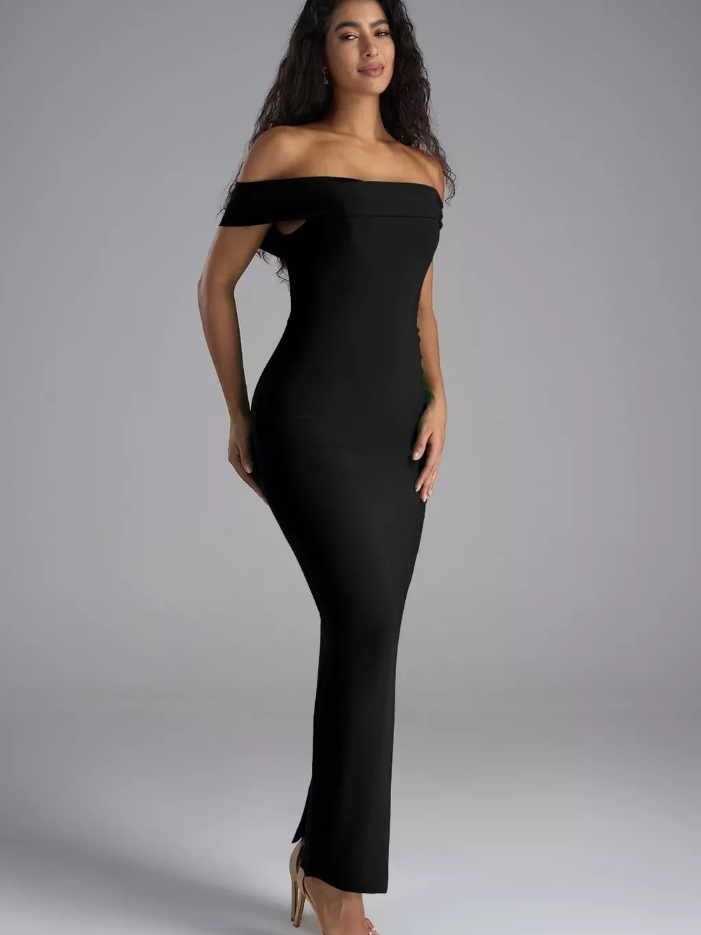 AFRM Strapless Black Off-Shoulder Column Gown